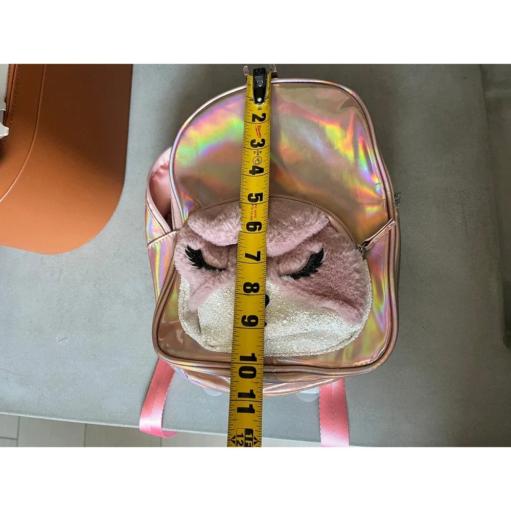 Pink Iridescent Holographic Mini Backpack Plush Animal Face Y2K Kawaii Kids Bag
